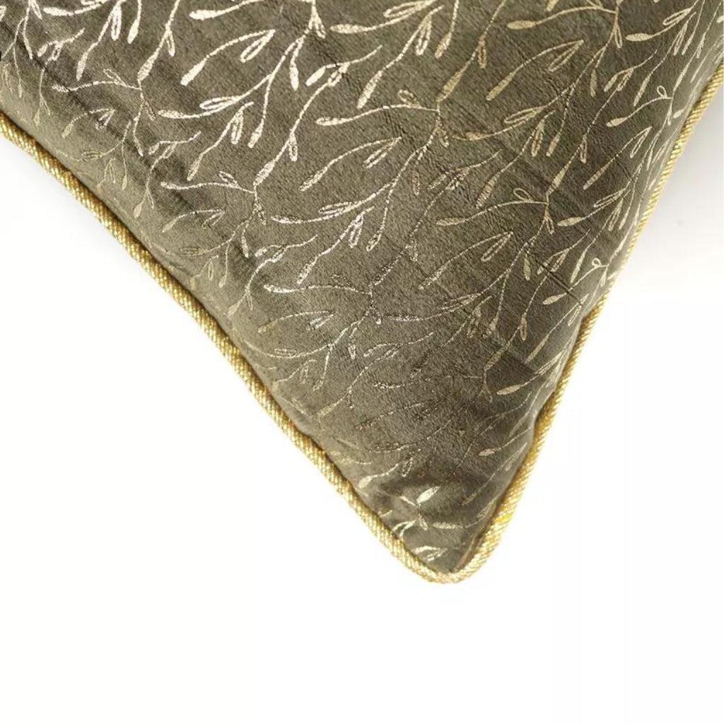 Army Green Velvet Throw Pillow Cover with Golden Foliage