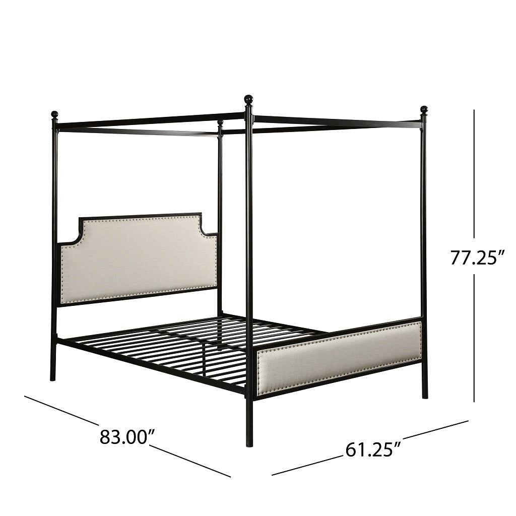 Asa Queen Size Iron Canopy Bed Frame with Upholstered Studded Headboard