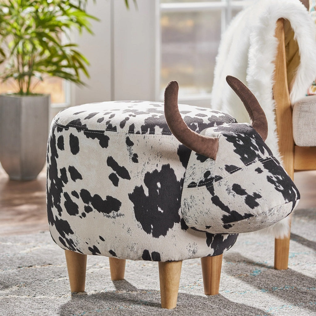 Bertha Milk Cow Patterned Velvet Ottoman