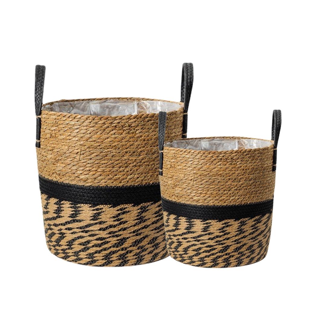 Black Seagrass Handwoven Planter Basket With Handles (Set of 2)