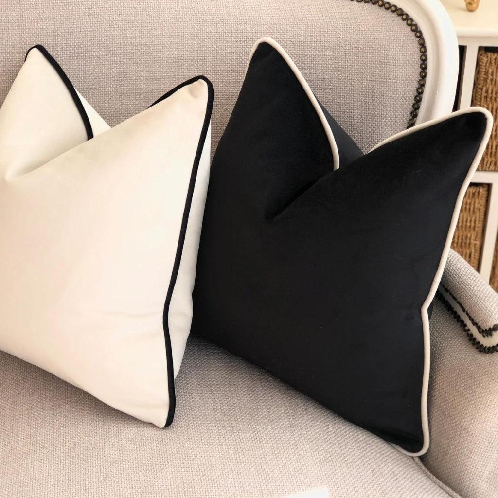 Black Velvet Throw Pillow Cover with White Piping