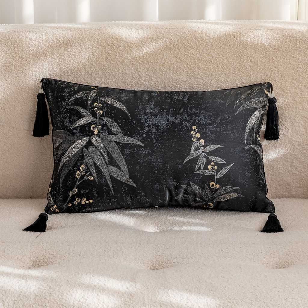 Black and Gold Bamboo Jacquard Lumbar Pillow Cover with Tassels
