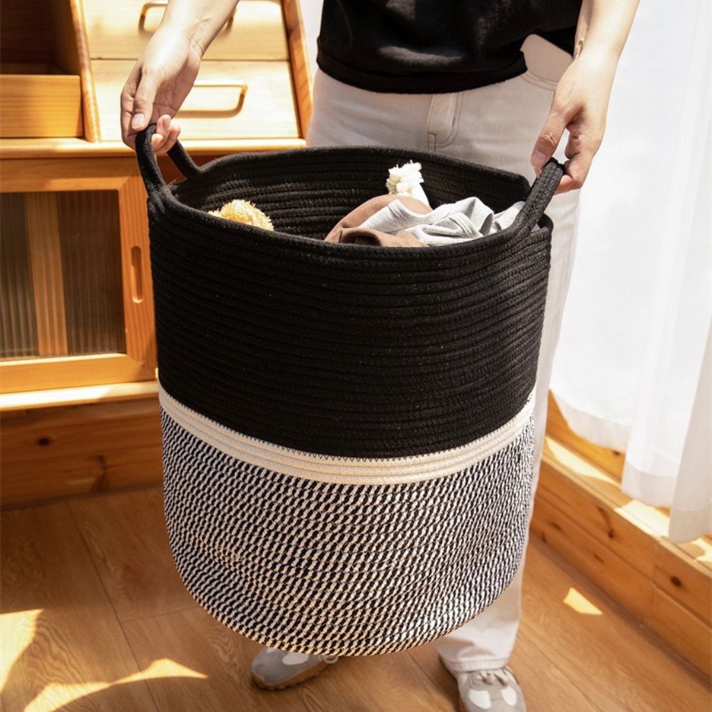 Black and White Cotton Rope Laundry Basket