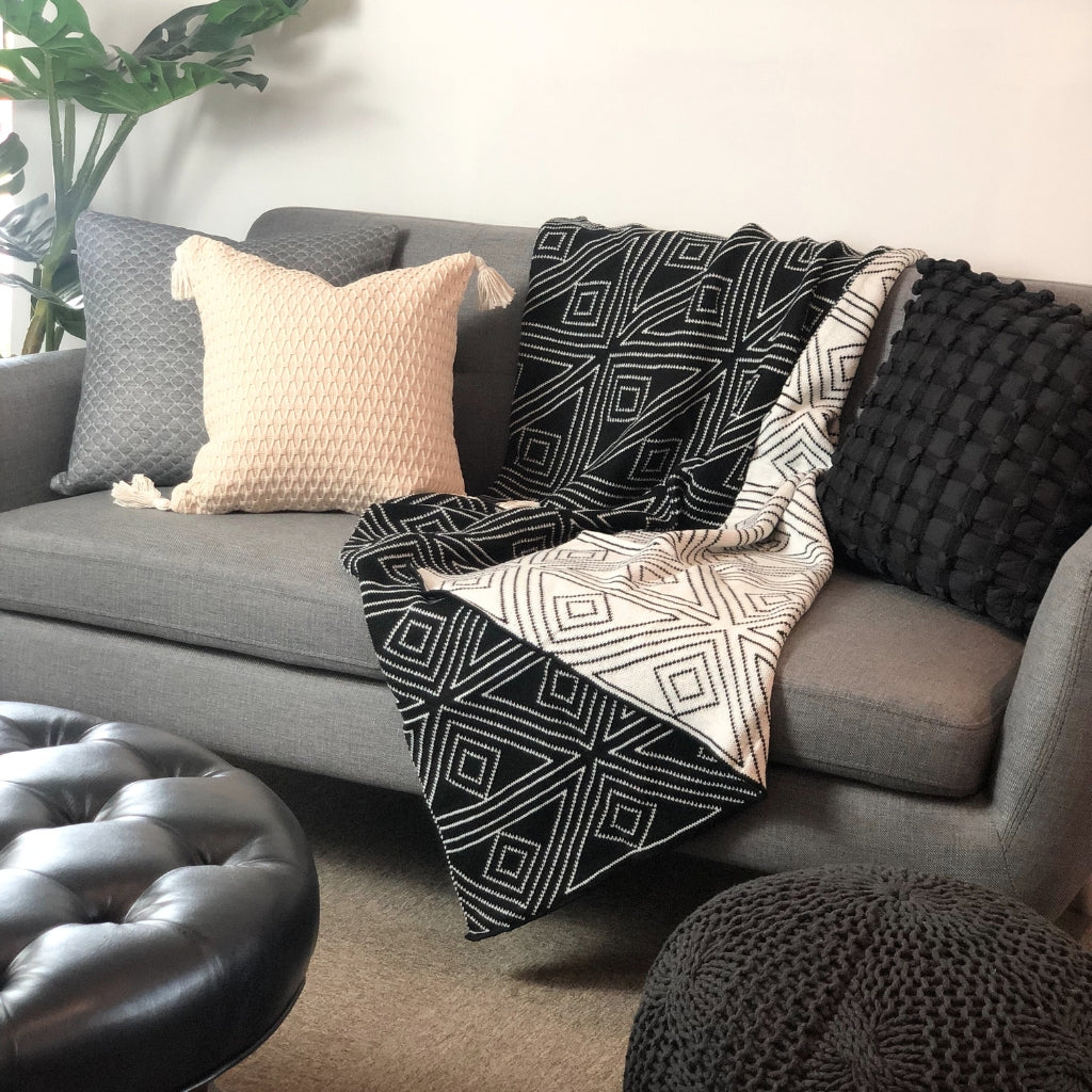Black and White Reversible Geometric Knitted Throw Blanket