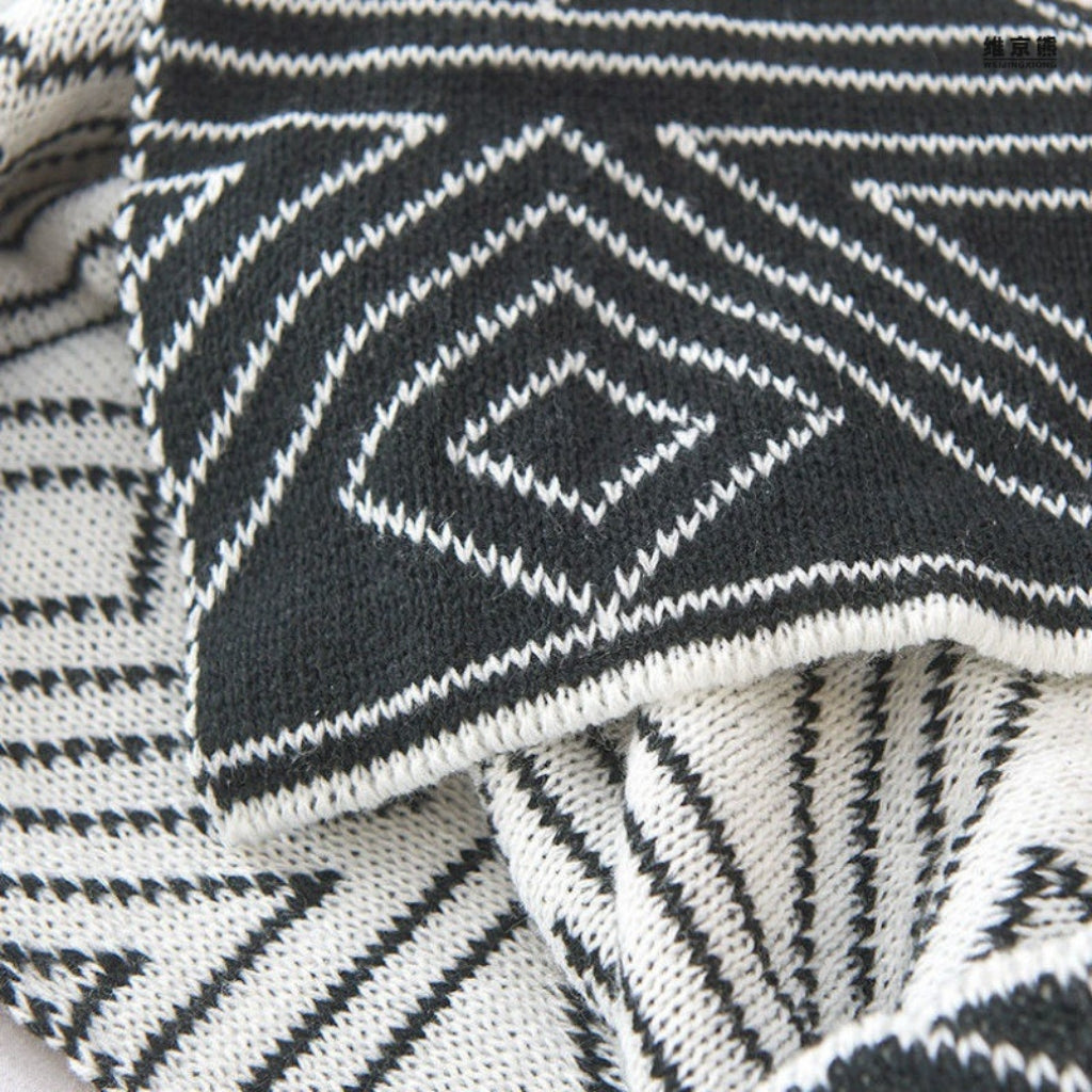 Black and White Reversible Geometric Knitted Throw Blanket