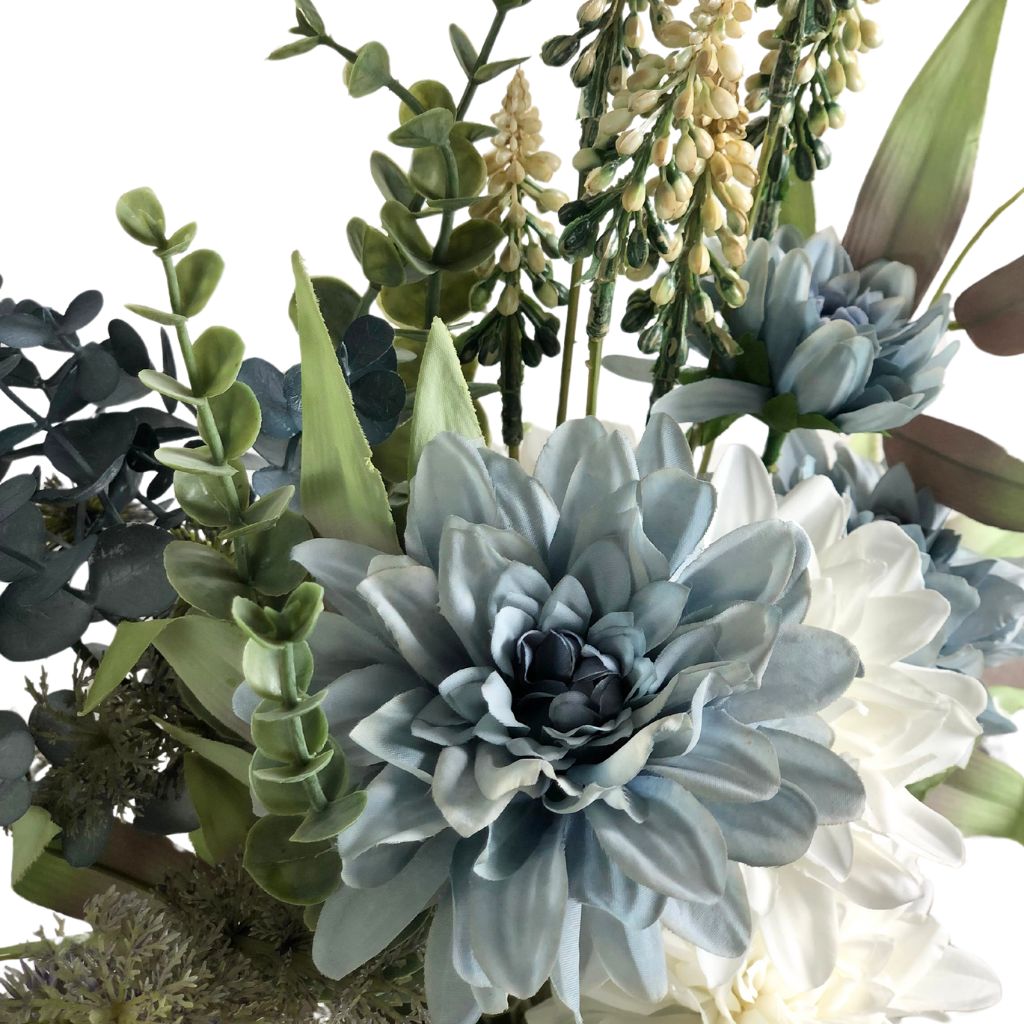 Blue and White Faux Dahlia with Berry and Eucalyptus Bouquet