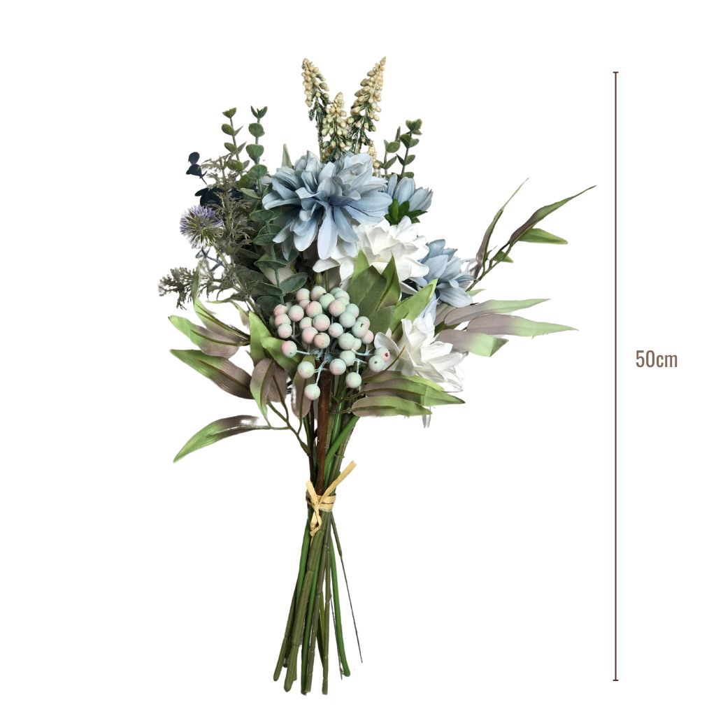 Blue and White Faux Dahlia with Berry and Eucalyptus Bouquet