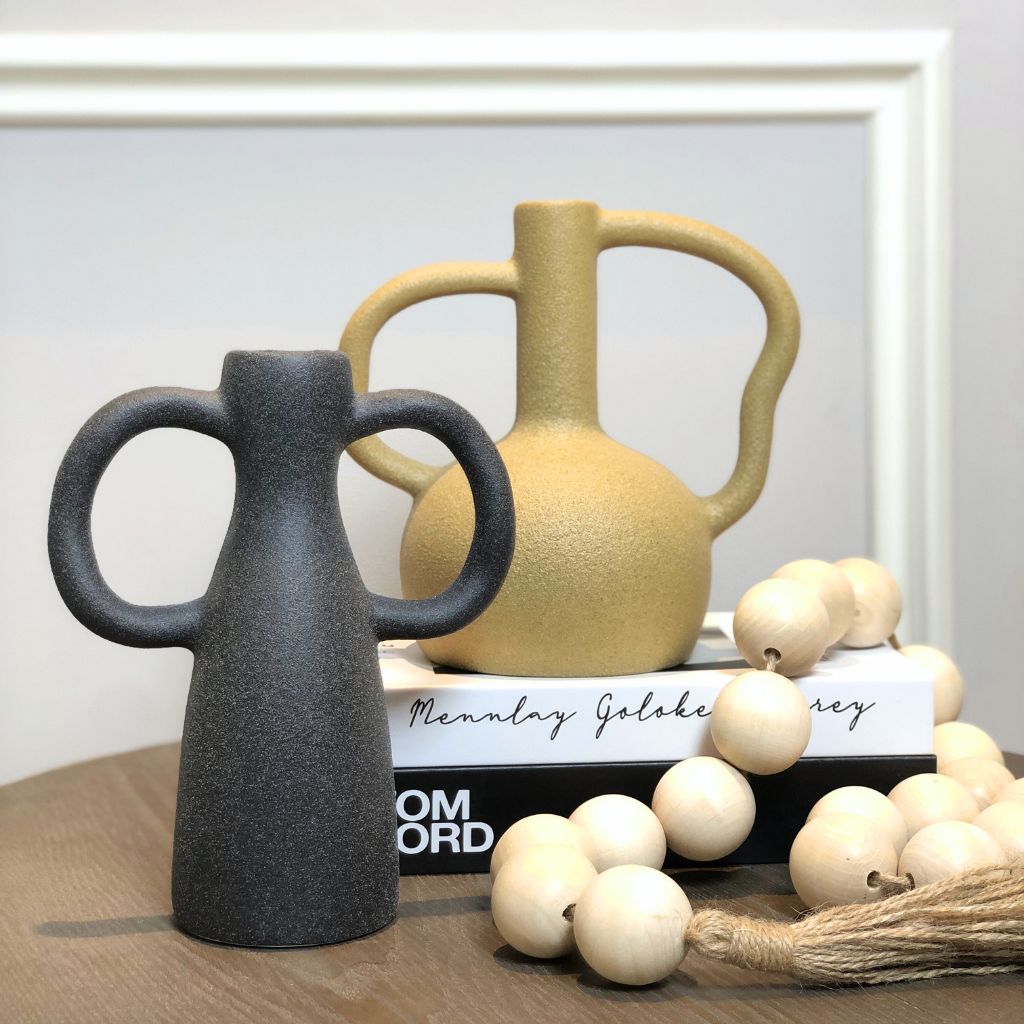 Charcoal Ceramic Vase with Butterfly Handle