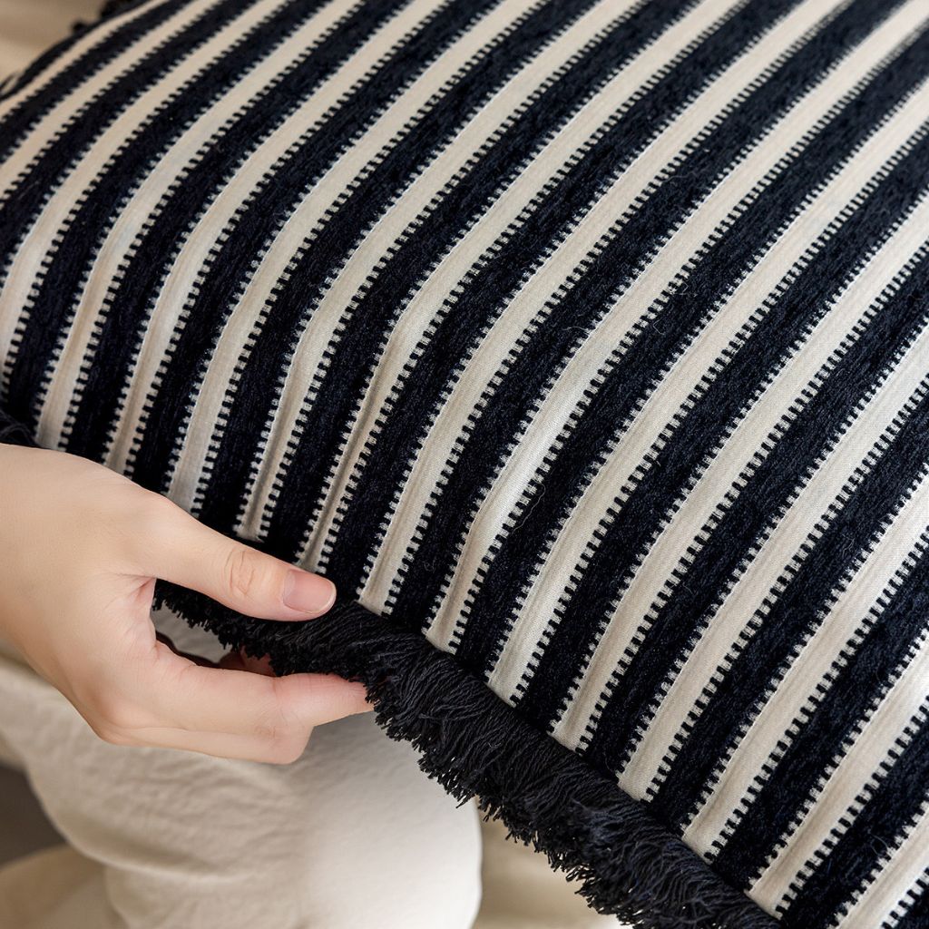 Classic Fringed Black-and-White Stripes Throw Pillow Cover