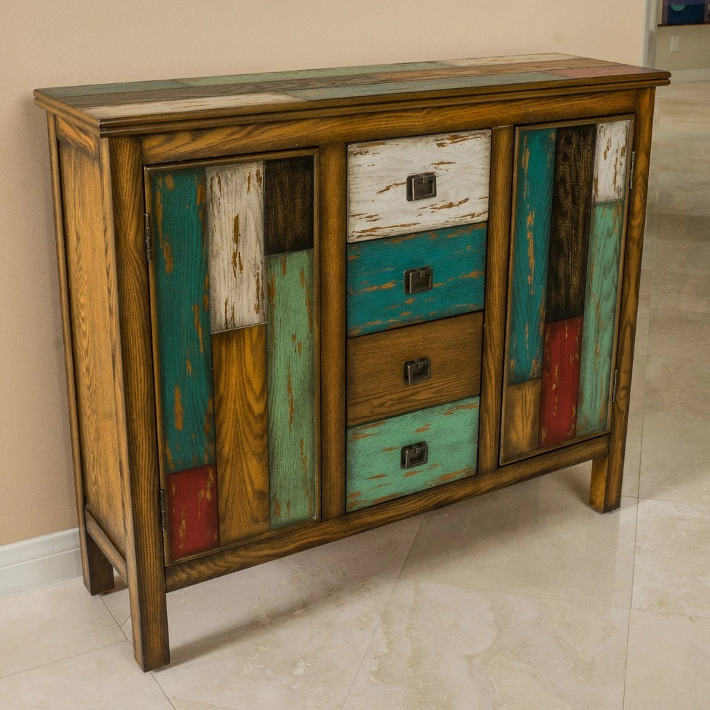 Delaney Antique Multicolor Distressed Wood Storage Cabinet