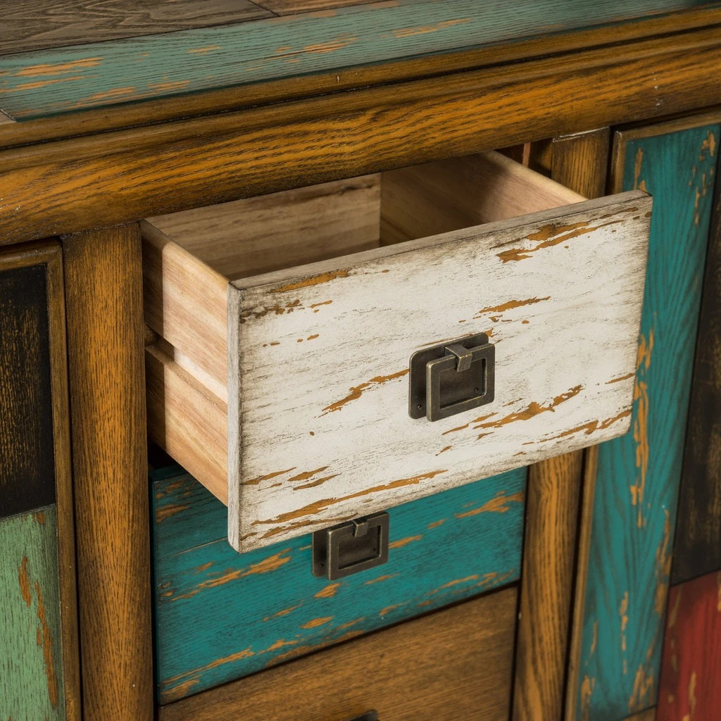 Delaney Antique Multicolor Distressed Wood Storage Cabinet