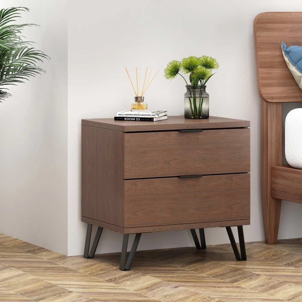 Demijen Modern Industrial 2 Drawer Wide Nightstand
