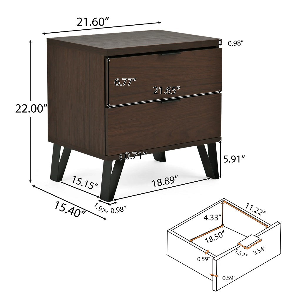 Demijen Modern Industrial 2 Drawer Wide Nightstand