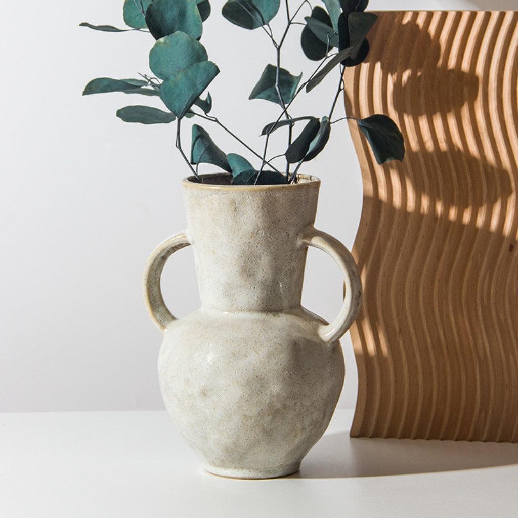 Farm House Distressed Ceramic Vase with Large Decorative Handles