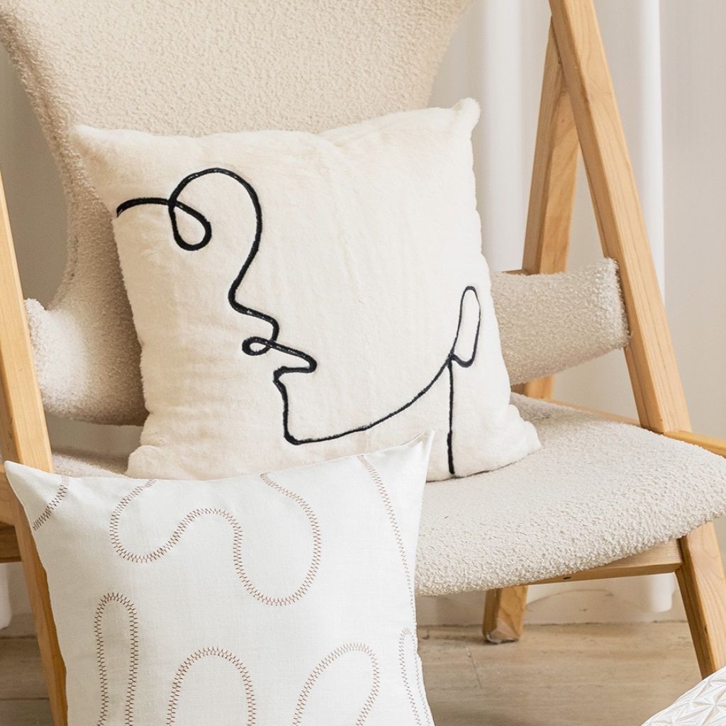 Faux Fur Abstract Face Embroidered Throw Pillow Cover