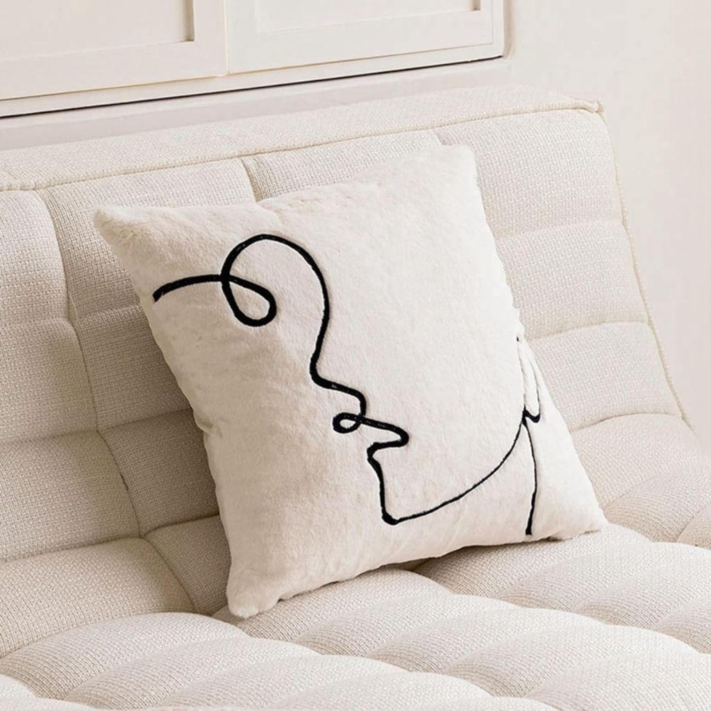 Faux Fur Abstract Face Embroidered Throw Pillow Cover