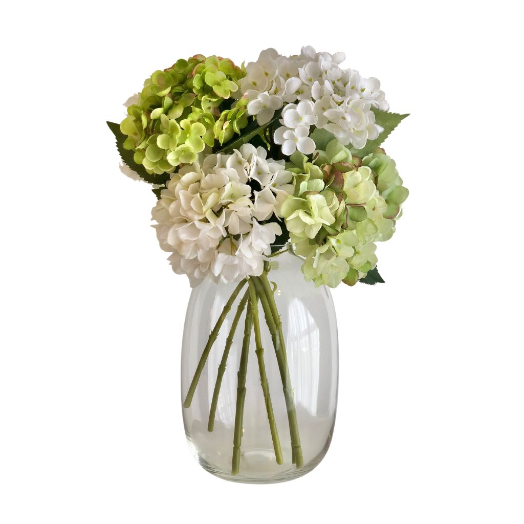Faux Green and White Hydrangea in Glass Vase