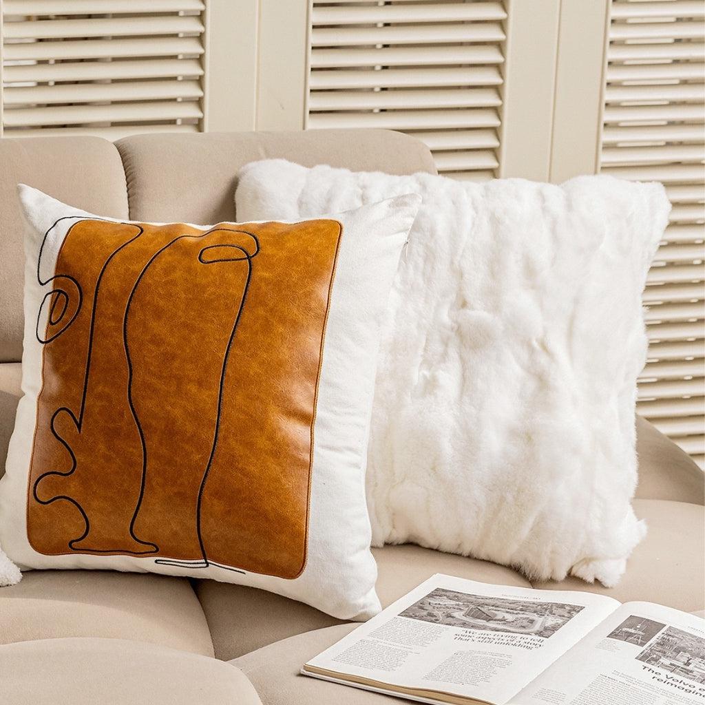 Faux Leather Abstract Line Embroidered Throw Pillow Cover