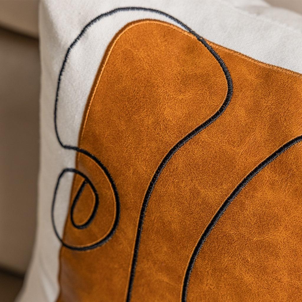 Faux Leather Abstract Line Embroidered Throw Pillow Cover