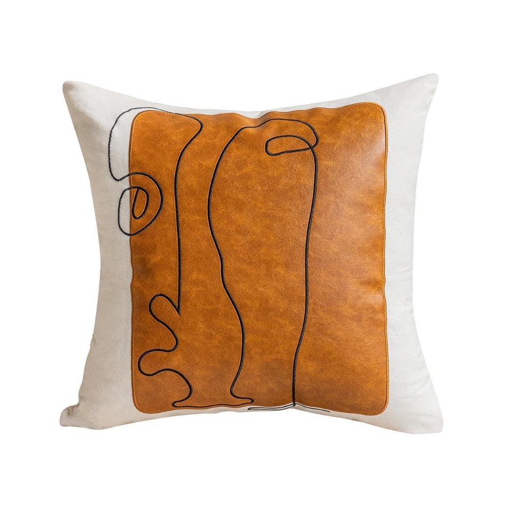 Faux Leather Abstract Line Embroidered Throw Pillow Cover