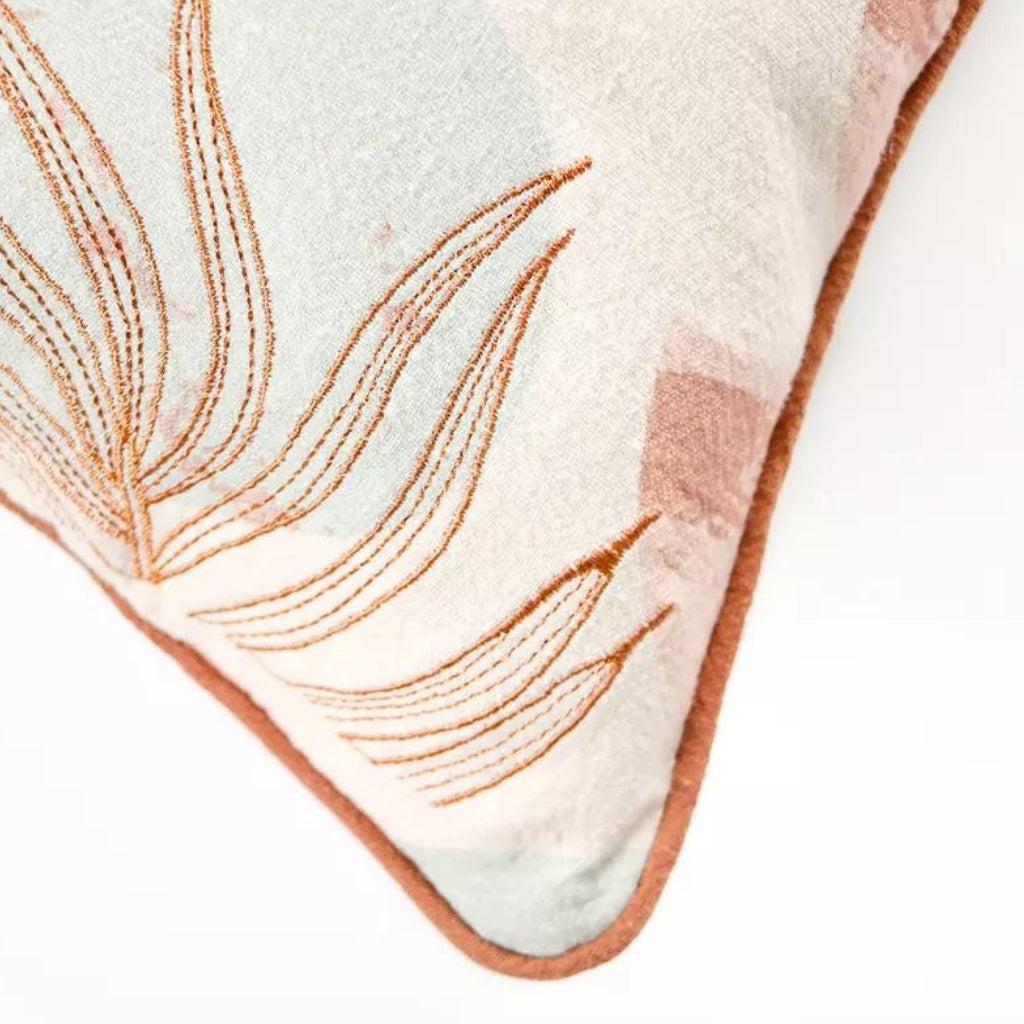 Geometric Circle with Embroidered Leaves Throw Pillow Cover