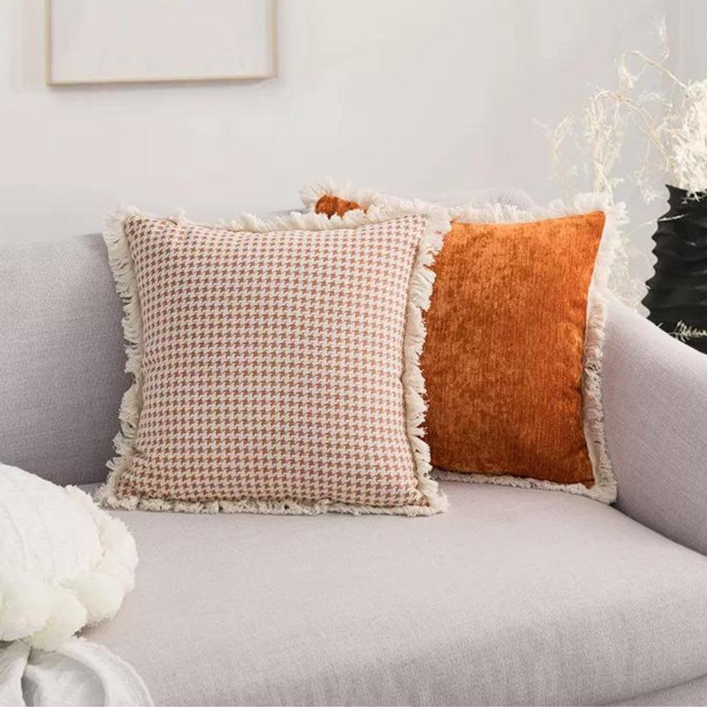 Houndstooth Pattern Throw Pillow Cover with Brush Fringe