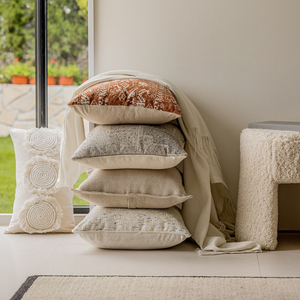 Ivory Textured Throw Pillow Cover with Hints of Blue and Mustard Yellow