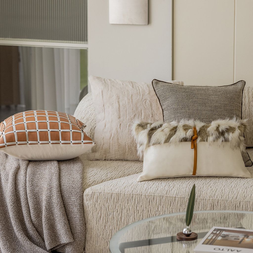 Long Faux Fur White Leather Lumbar Pillow Cover with Tied Knot