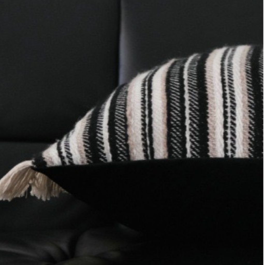 Monochrome Boho Stripes Fringed Throw Pillow Cover