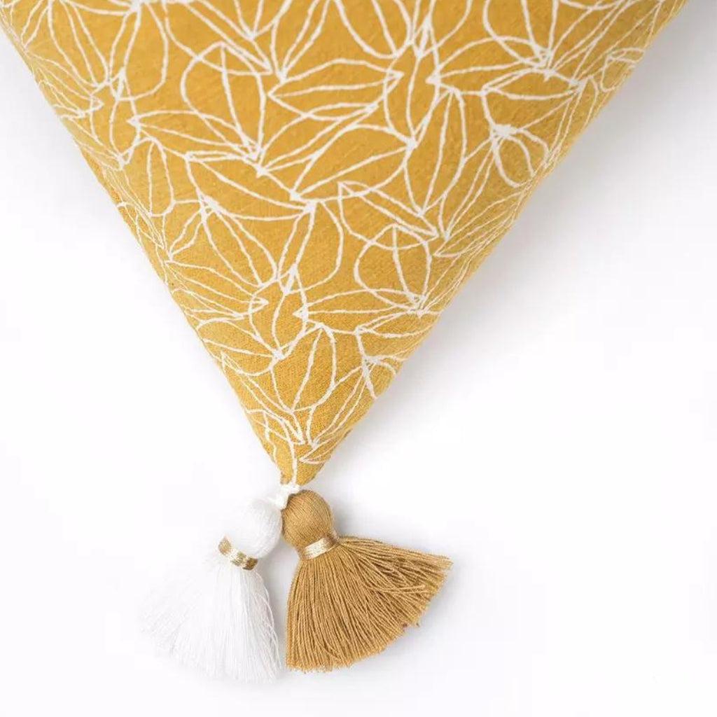 Mustard Yellow Floral Tassel Linen Throw Pillow Cover