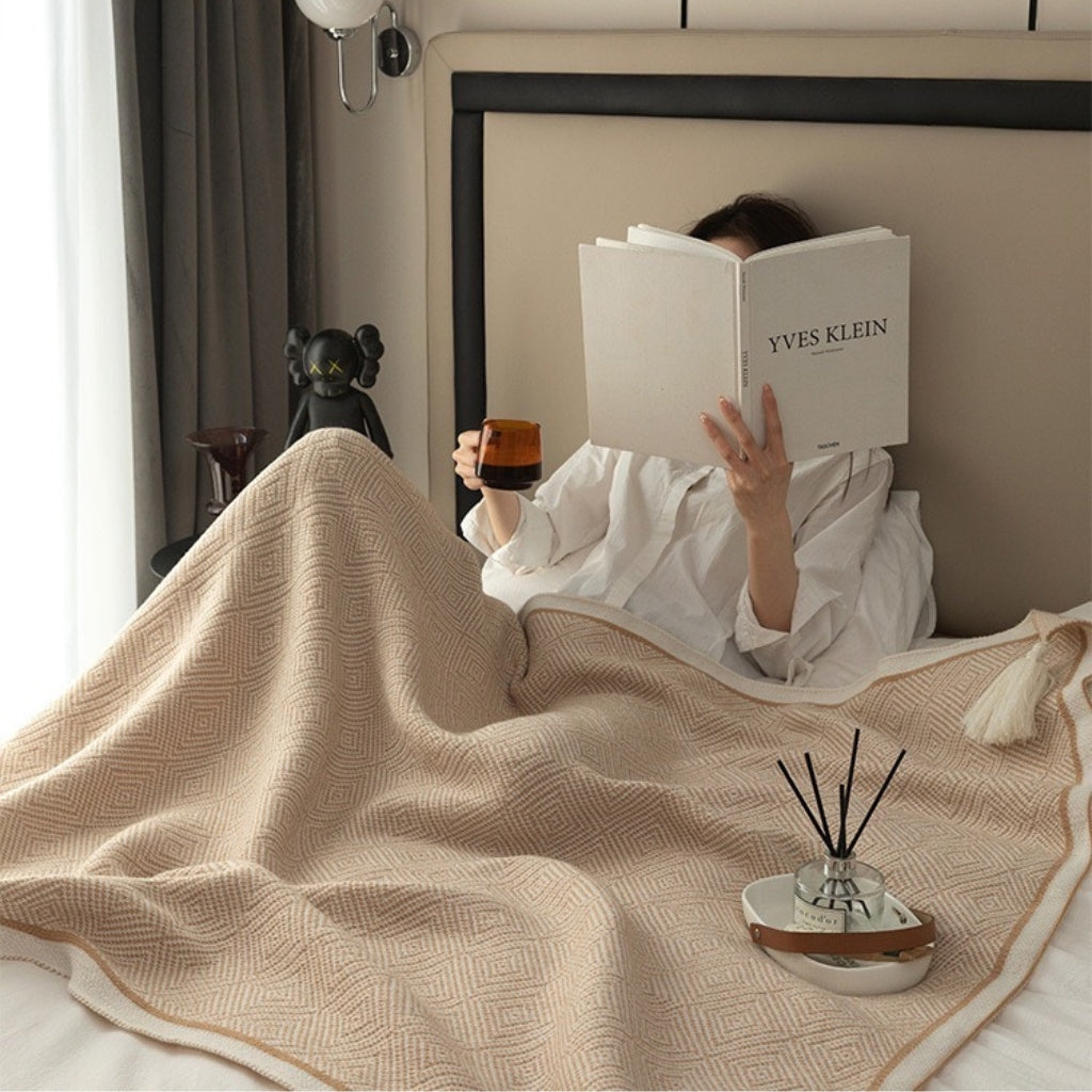 Natural Geometric Knitted Throw Blanket With Tassels