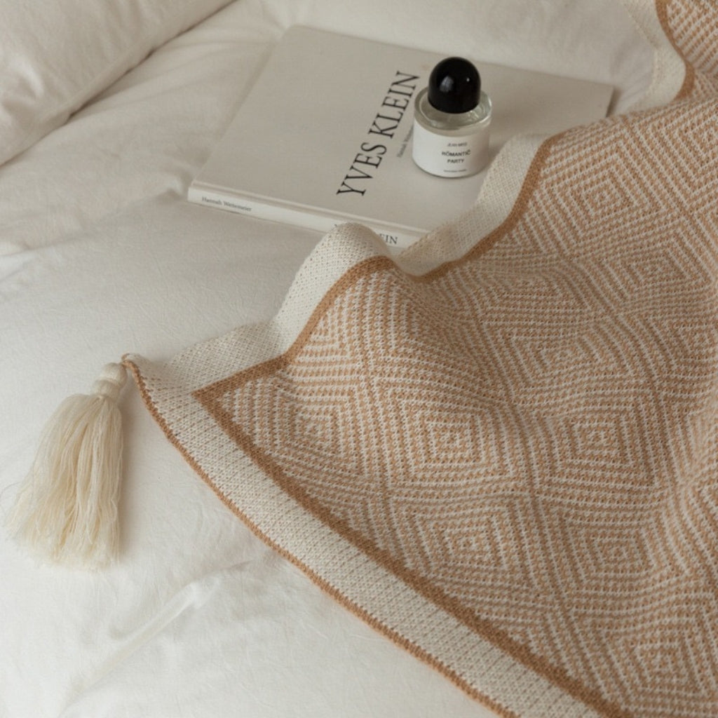 Natural Geometric Knitted Throw Blanket With Tassels