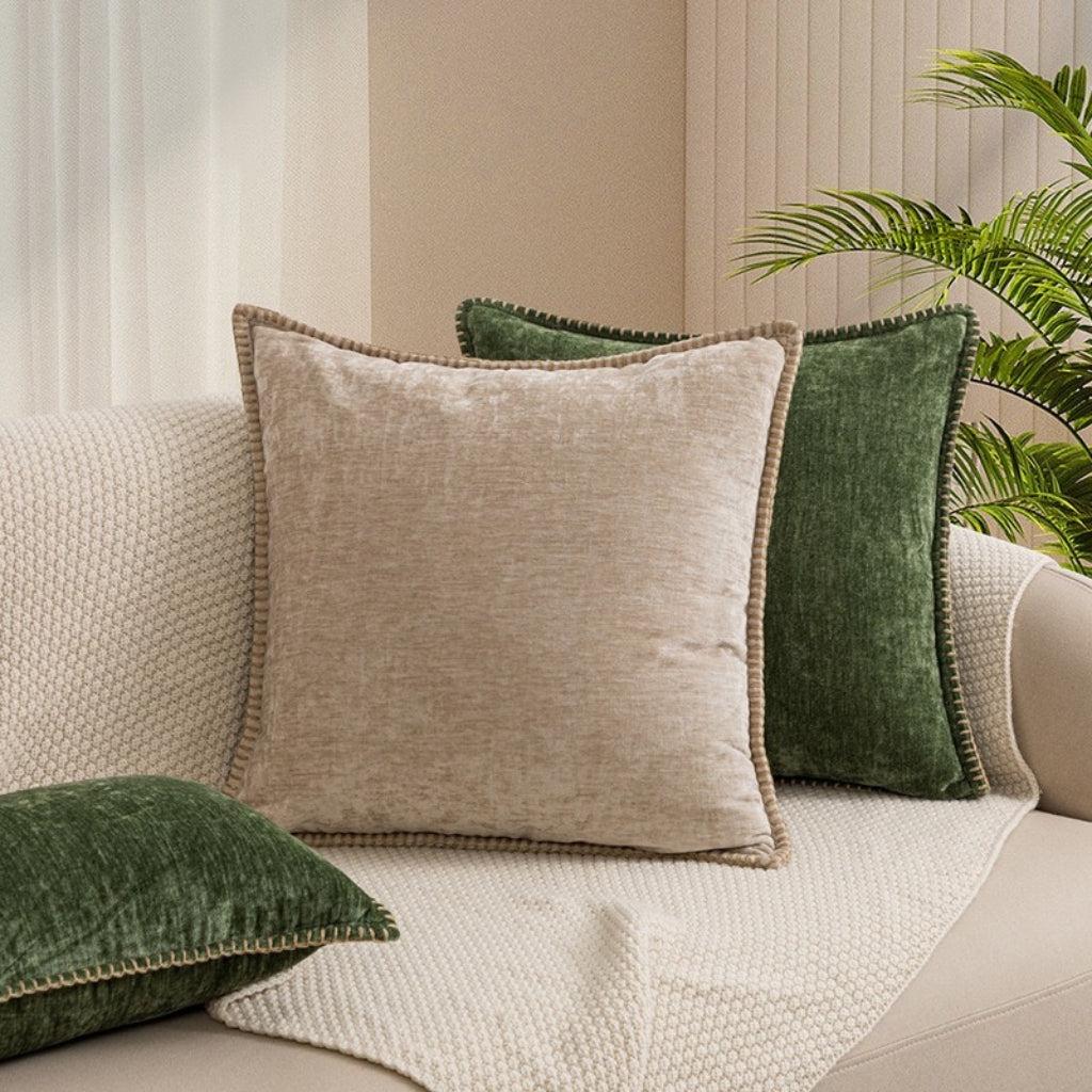 Oatmeal Chenille Throw Pillow Cover With Blanket Stitch