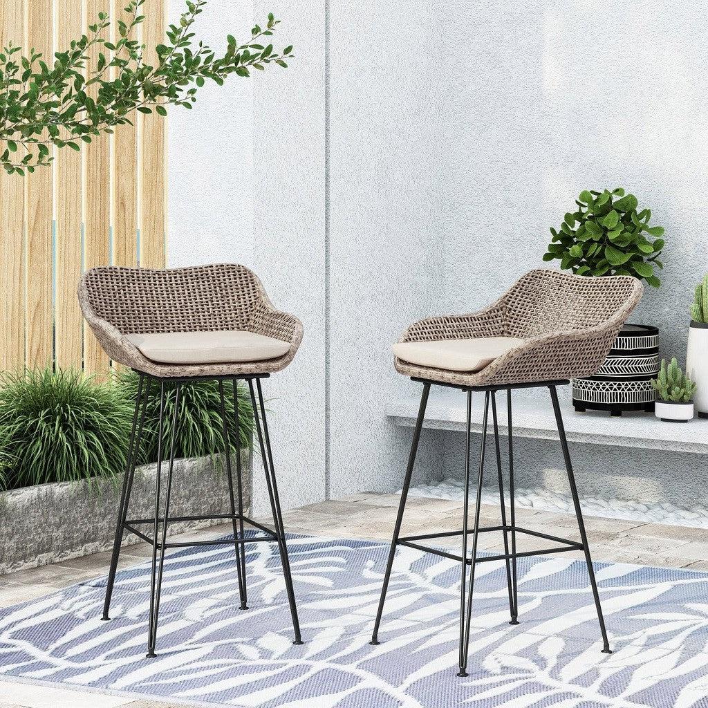 Pondway Outdoor Wicker and Iron Barstools with Cushion, Set of 2-Furny Matter