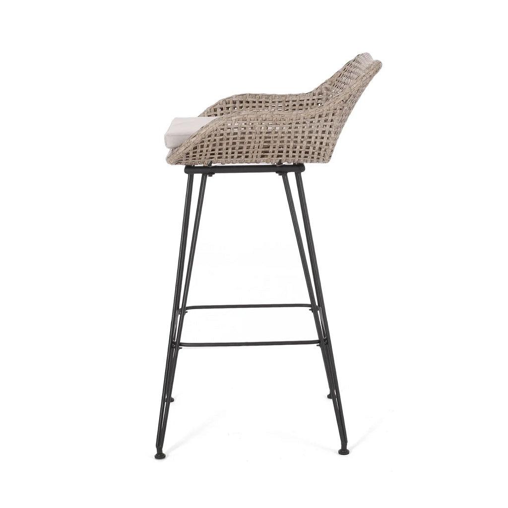 Pondway Outdoor Wicker and Iron Barstools with Cushion, Set of 2-Furny Matter