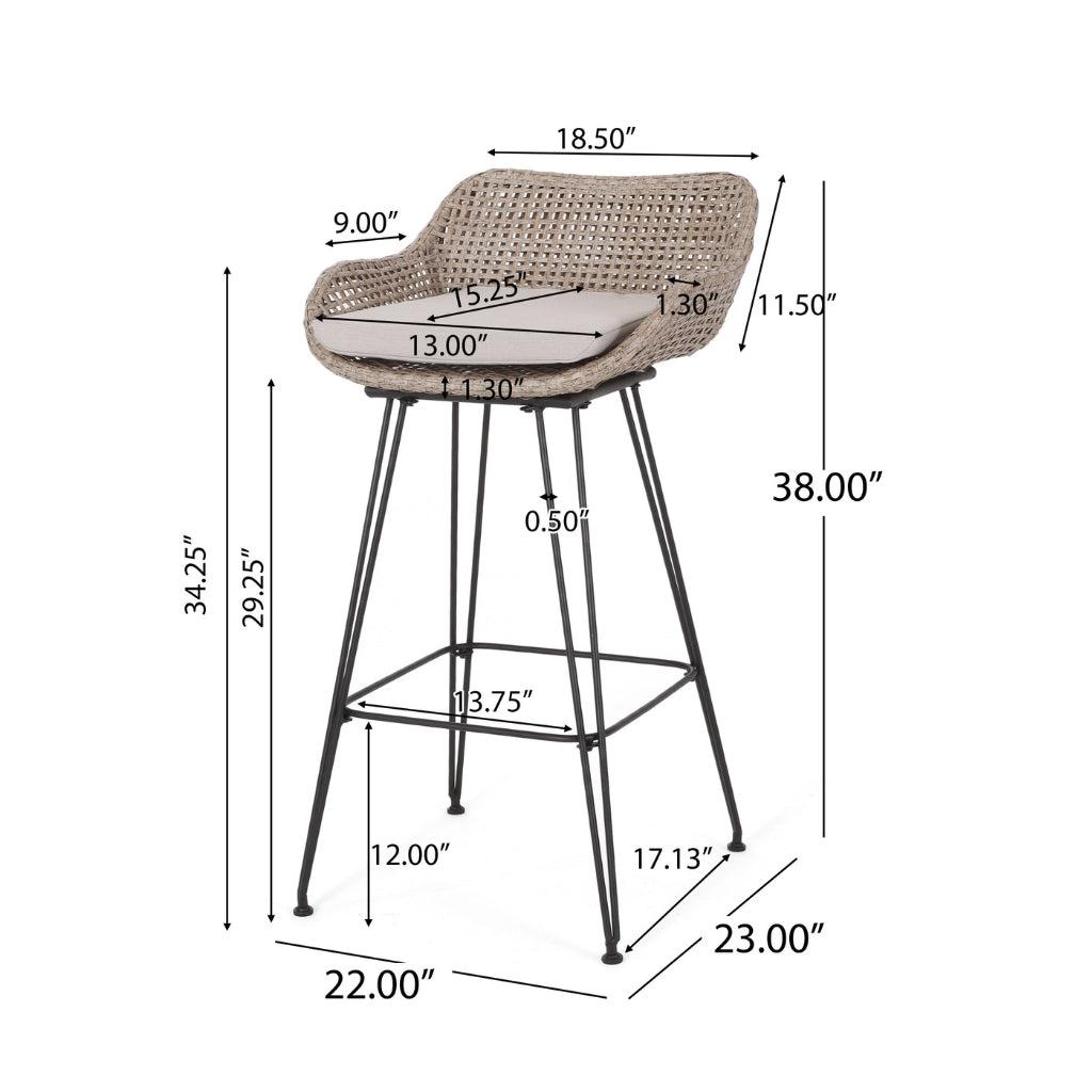 Pondway Outdoor Wicker and Iron Barstools with Cushion, Set of 2-Furny Matter