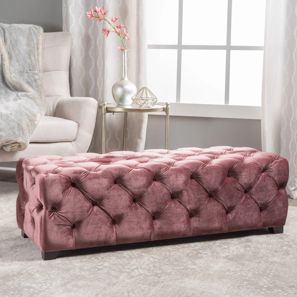 Provence Button Tufted Velvet Rectangle Ottoman Bench