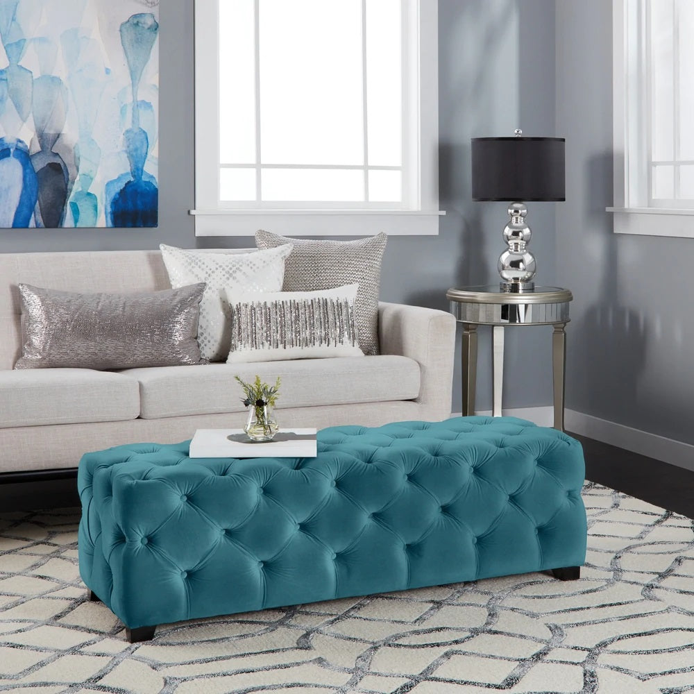 Provence Button Tufted Velvet Rectangle Ottoman Bench
