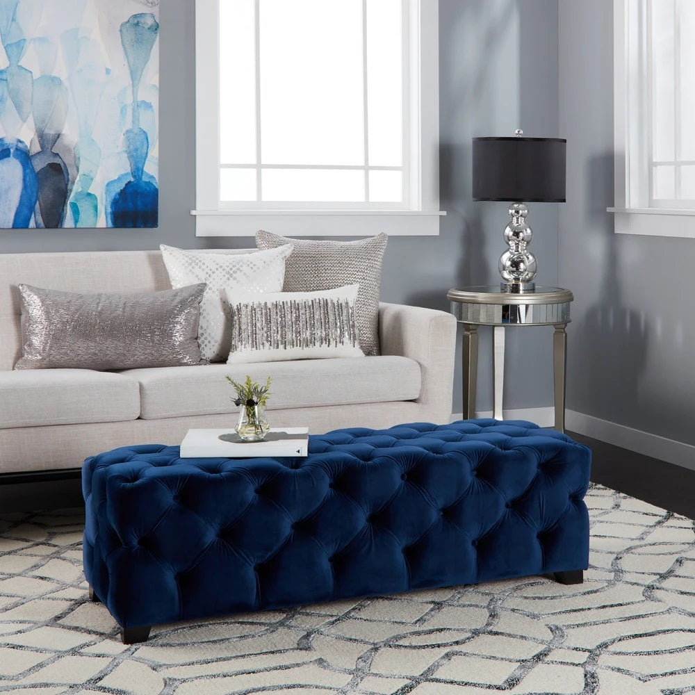 Provence Button Tufted Velvet Rectangle Ottoman Bench