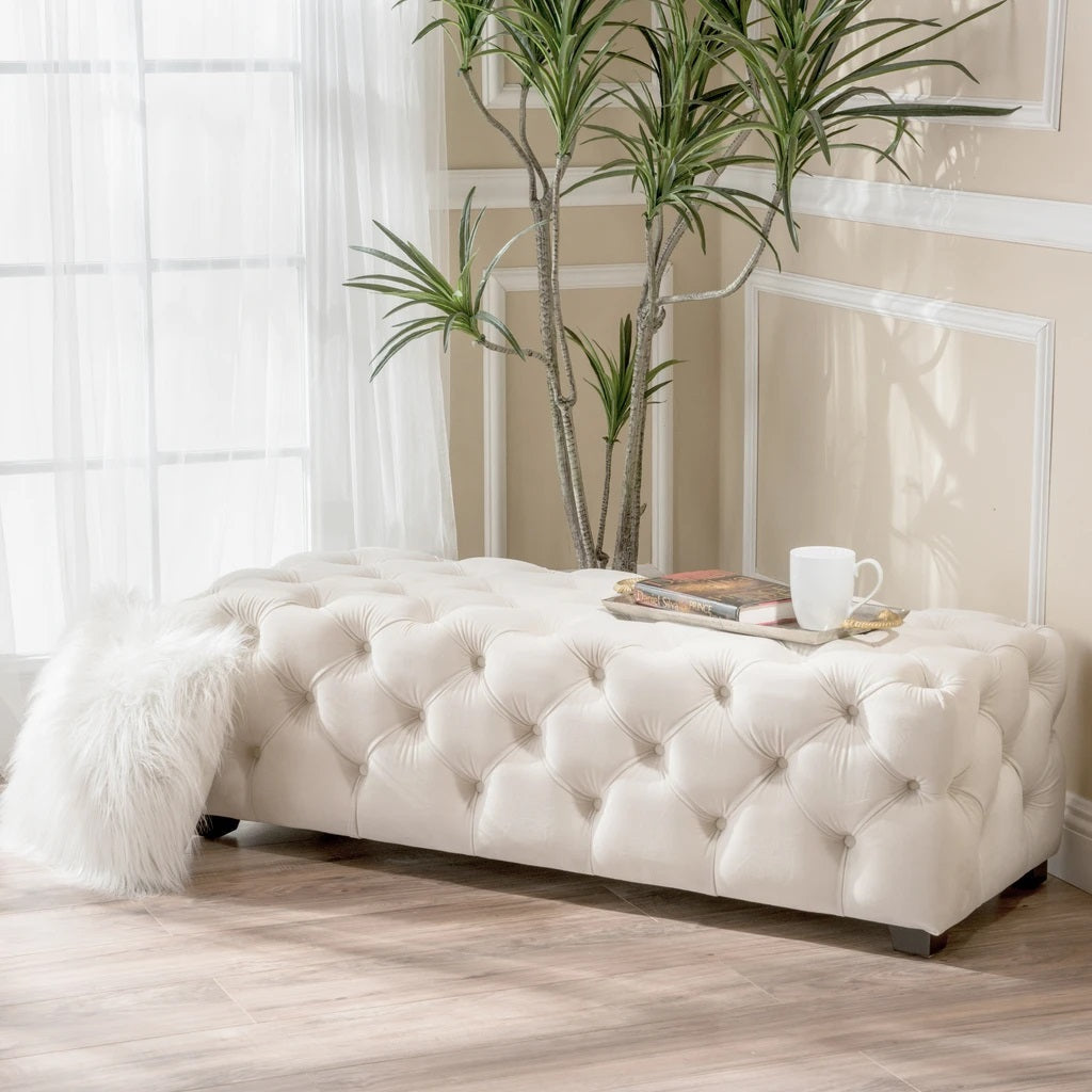 Provence Button Tufted Velvet Rectangle Ottoman Bench