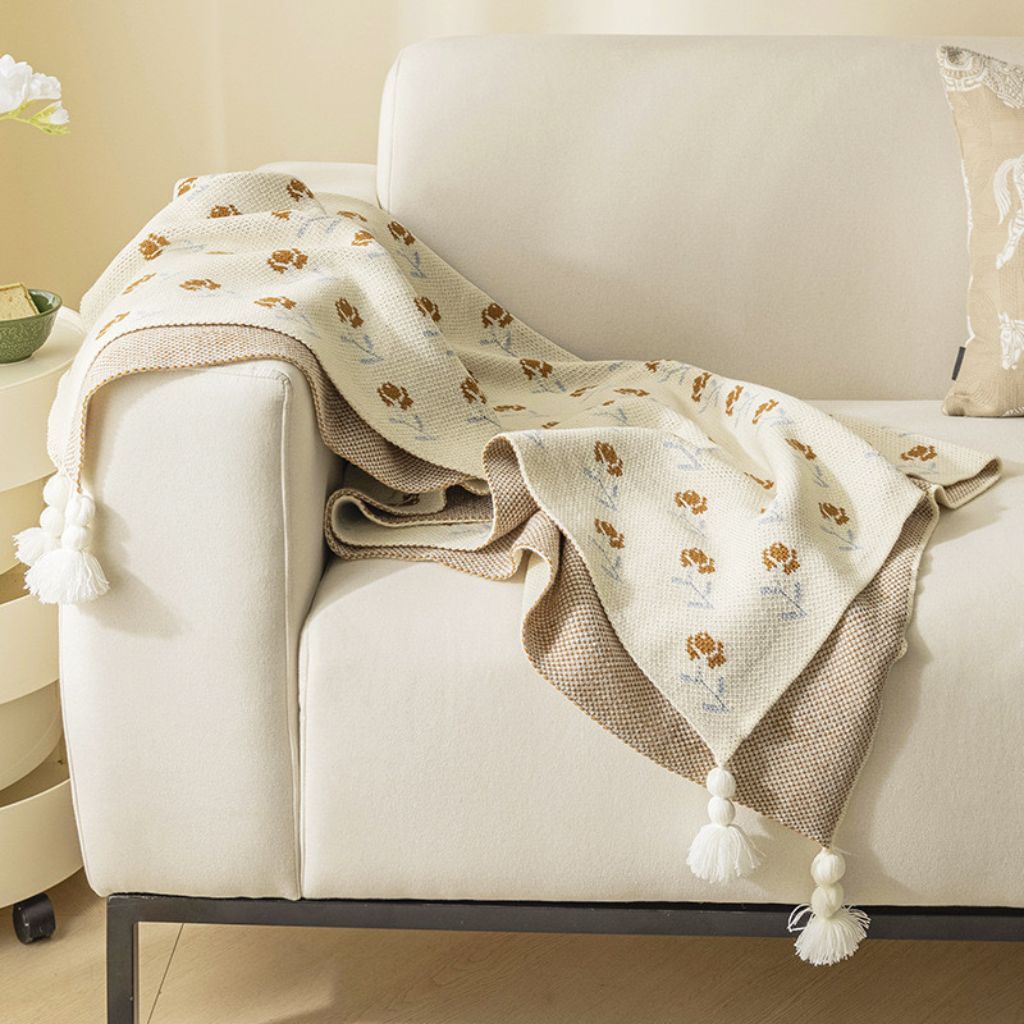 Terracotta Bloom Knitted Throw Blanket with Tassels