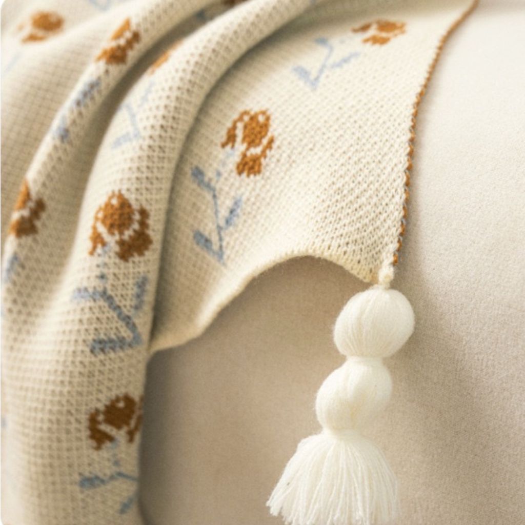 Terracotta Bloom Knitted Throw Blanket with Tassels