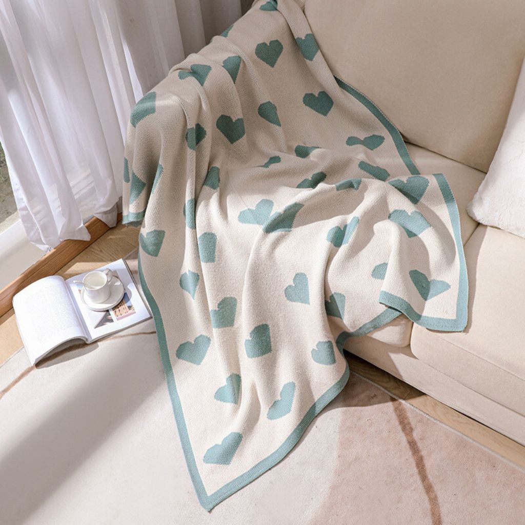 Turquoise Loving Hearts Knitted Throw Blanket