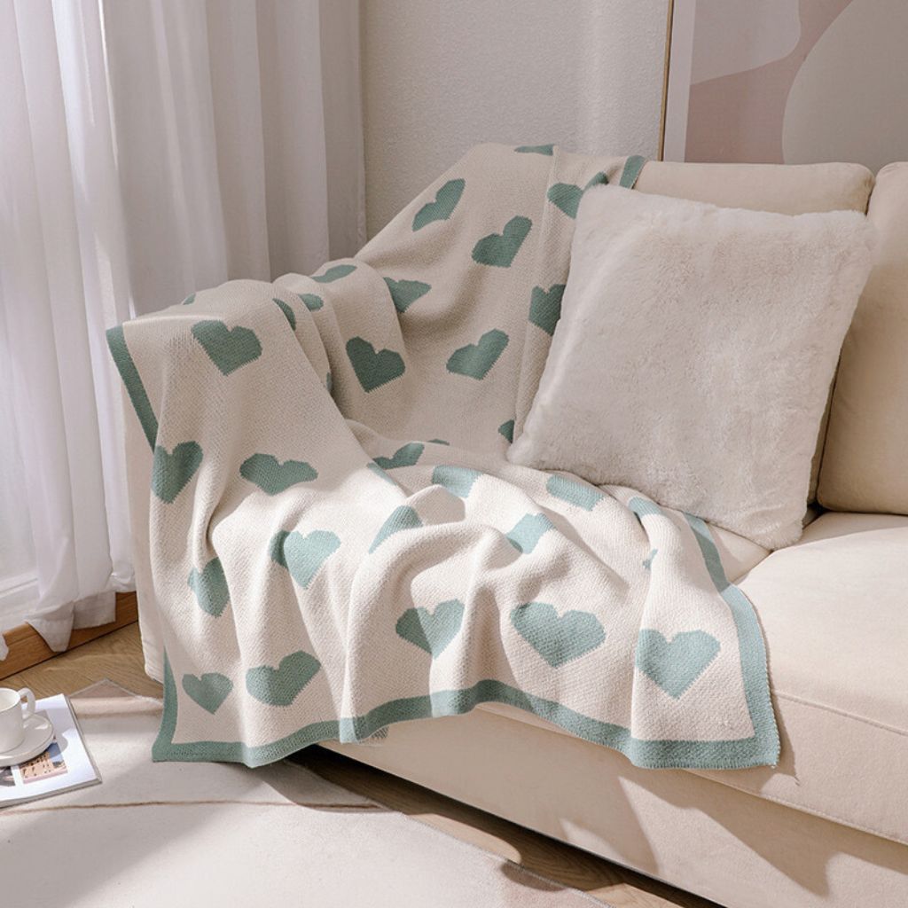 Turquoise Loving Hearts Knitted Throw Blanket