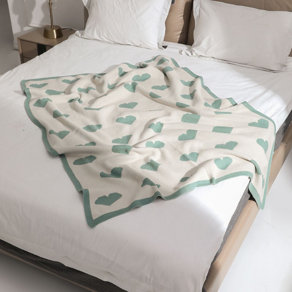 Turquoise Loving Hearts Knitted Throw Blanket