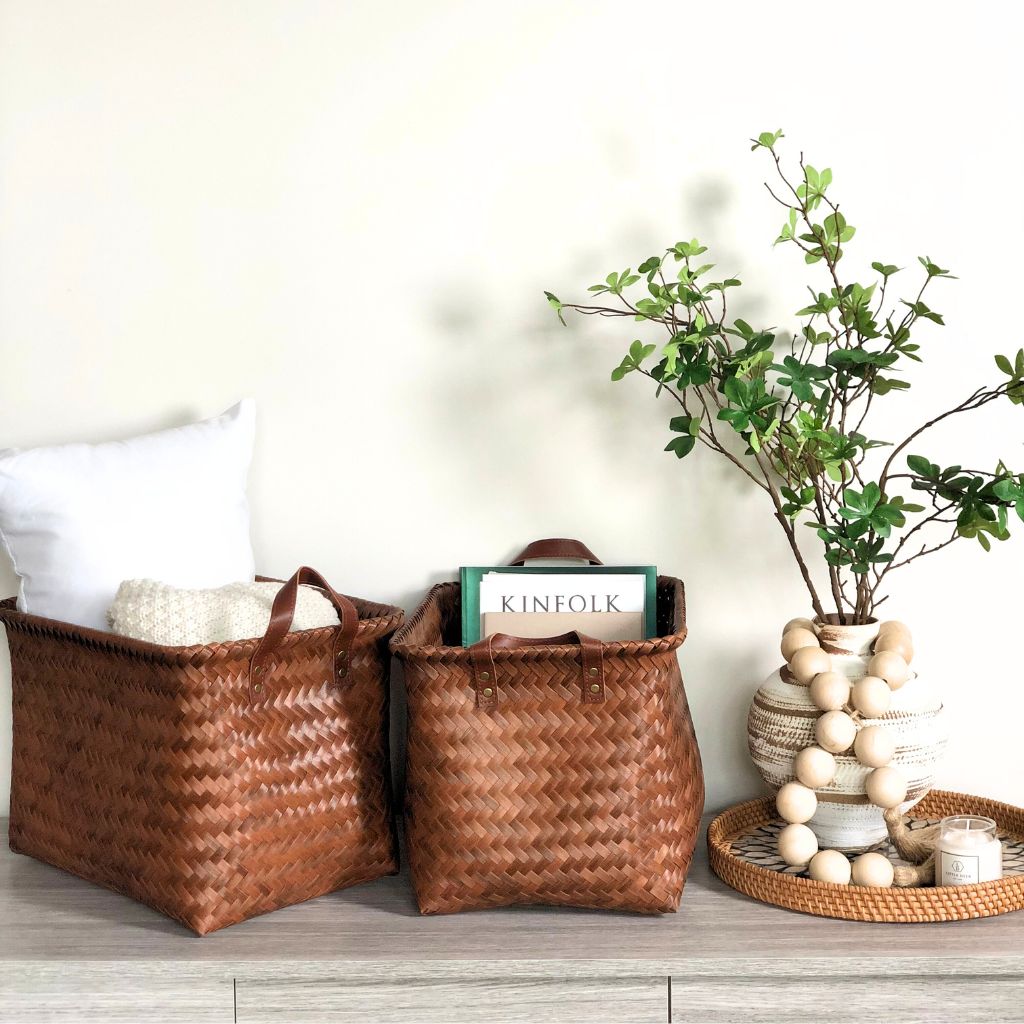 Vintage Handwoven Handled Storage Basket (Set of 2)