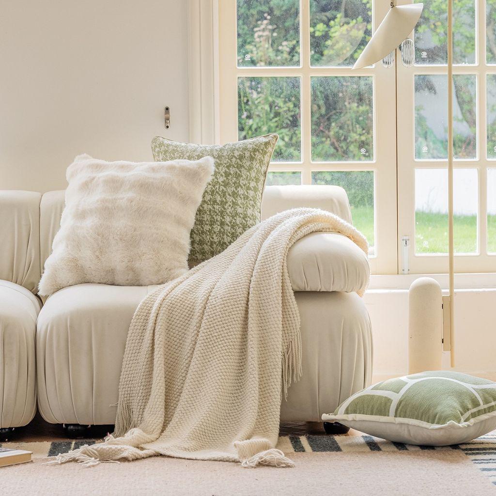 Waffle Pearl White Faux Fur Throw Pillow Cover