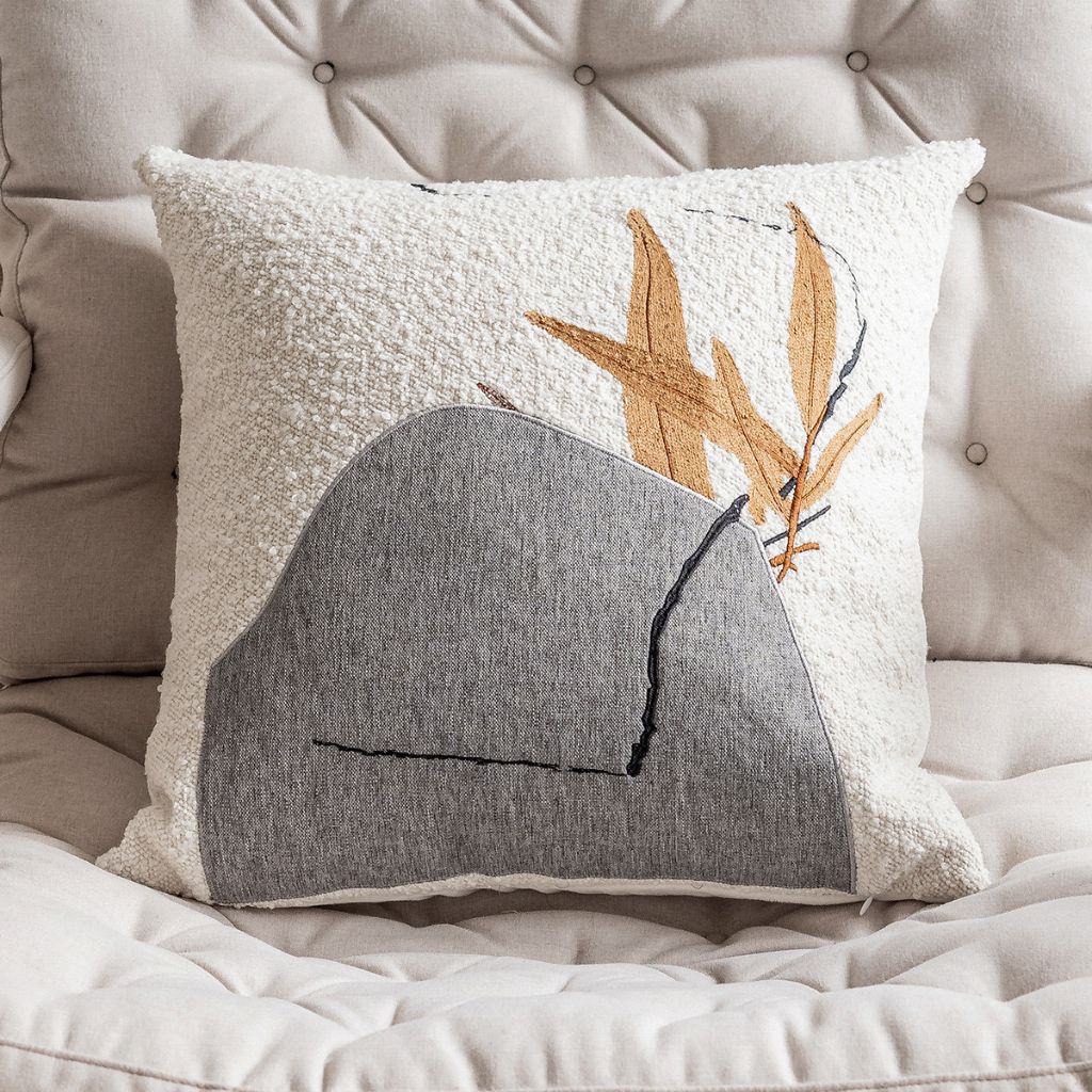 Zen Stone Botanical Embroidered Throw Pillow Cover