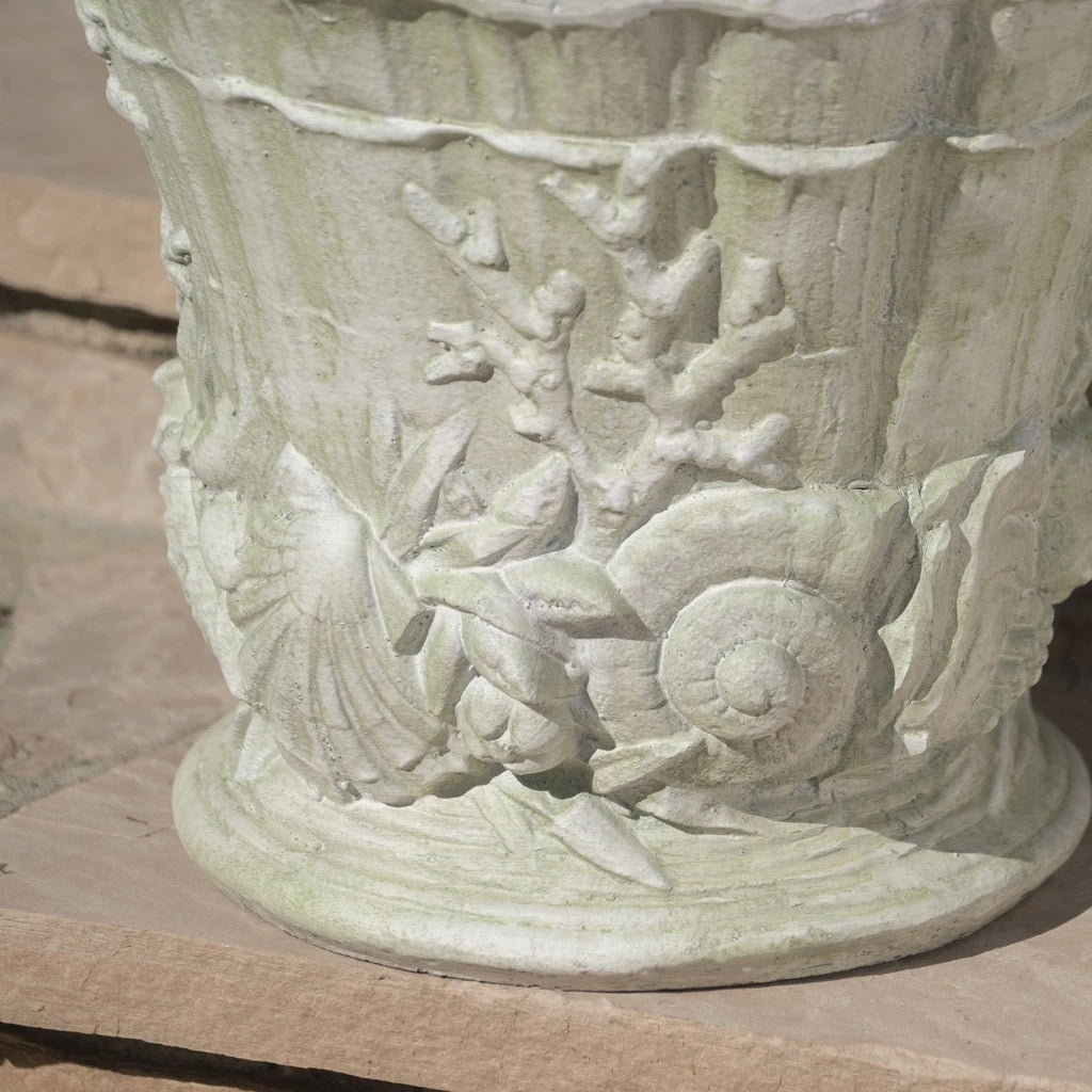 Guava Outdoor Cast Stone Garden Urn Planter, Green Moss with White