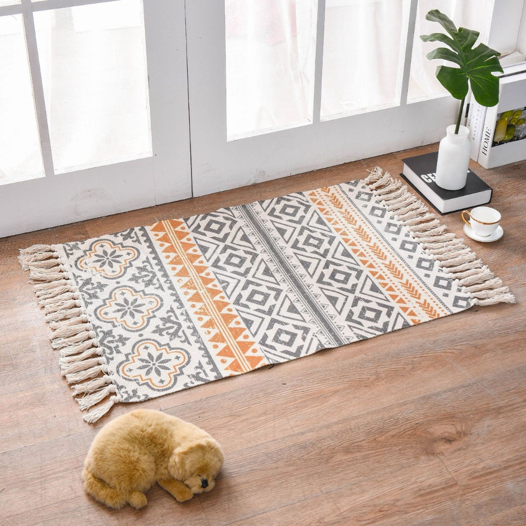 Geometric Woven Rug with Tassels